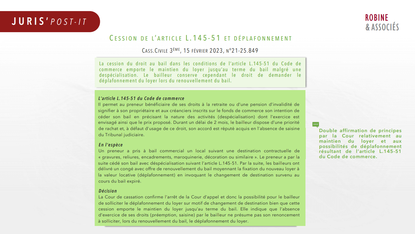 JURIS’Post-it – Cession de l’article L.145-51 et déplafonnement